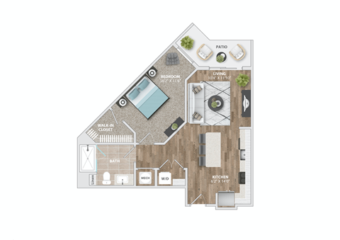Floor plan for 1 bed, 1 bath, 703 sqft